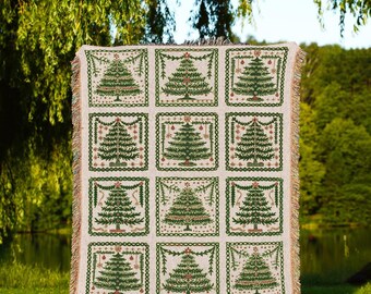 Rustic Pine Tree Holiday Blanket Traditional Forest Green Christmas Decor | Cozy Winter Folk Art Tapestry Throw Classic Seasonal Home Decor