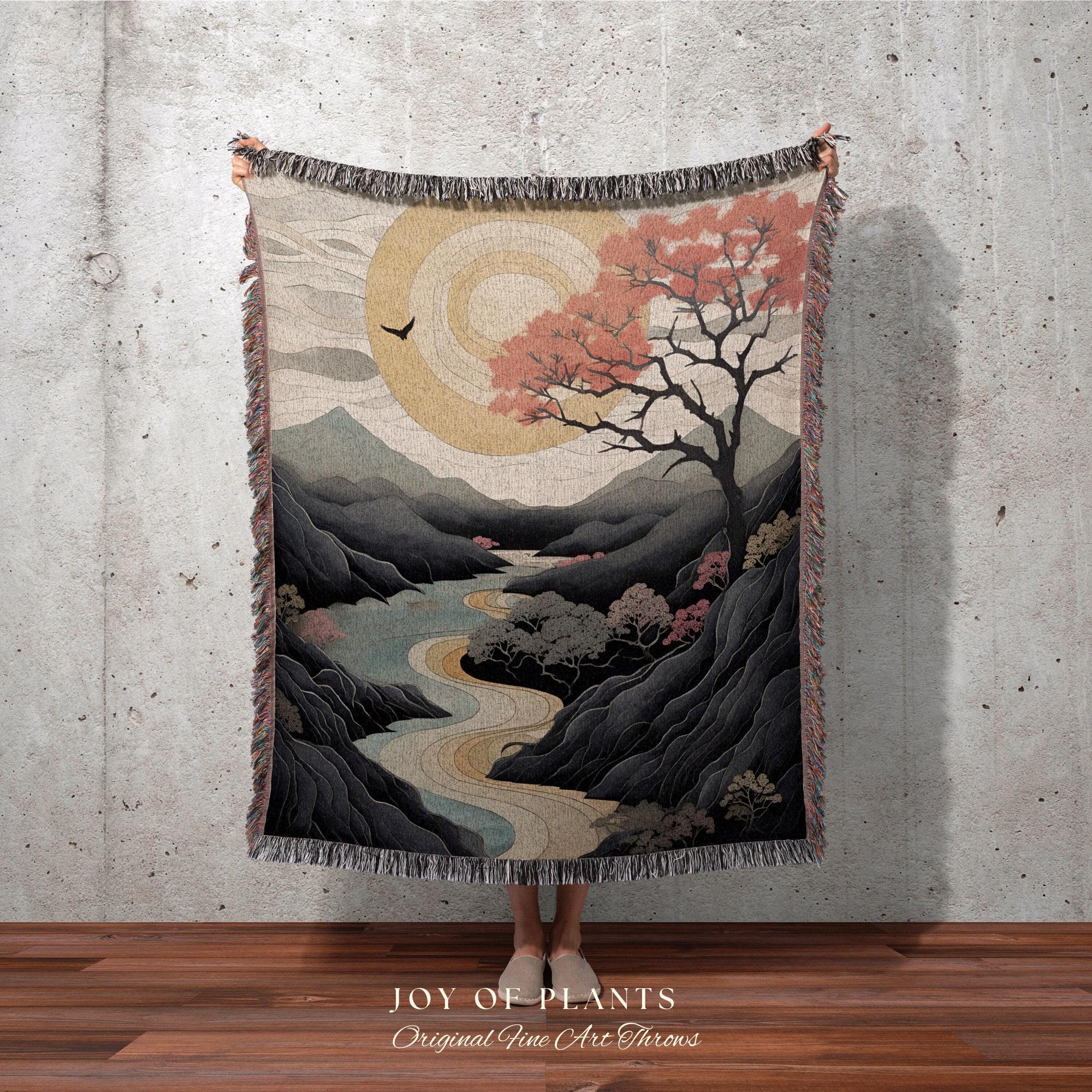 Japanese Landscape Mountain Sun Tapestry Woven Throw Blanket