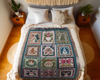 Eclectic Holiday Patchwork Blanket Colorful Christmas Decor | Vintage Art Reindeer, Snowman & Gingerbread Cottagecore Festive Tapestry Throw
