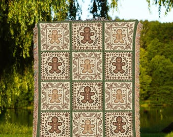 Cottagecore Scandi Gingerbread Patchwork Tapestry Blanket Holiday Decor Vintage Olive Green & Cream Cozy Festive Folk Art Throw Christmas