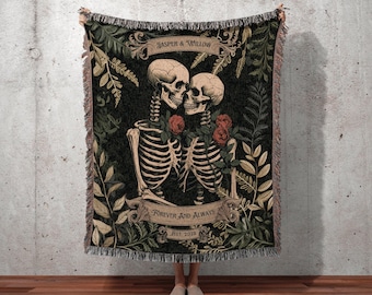 Skeleton Lovers Personalized Blanket | Gothic Wedding Custom Blanket Woven Tapestry Spooky Wedding Personalized Anniversary Gift For Goths |