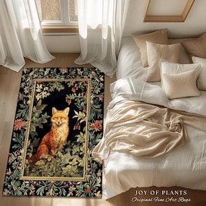 Folklore Fox Rug Botanical | Woodland Nature Bedroom Decor William Morris Inspired Cottagecore Room Soft Aesthetic Dark Academia Style Rug |
