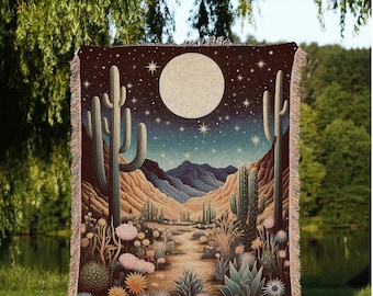Full Moon Southwest Landscape Blanket | Southwestern Decor Housewarming Gift Blanket Cactus Aesthetic Blanket Woven Tapestry Boho Desert Art