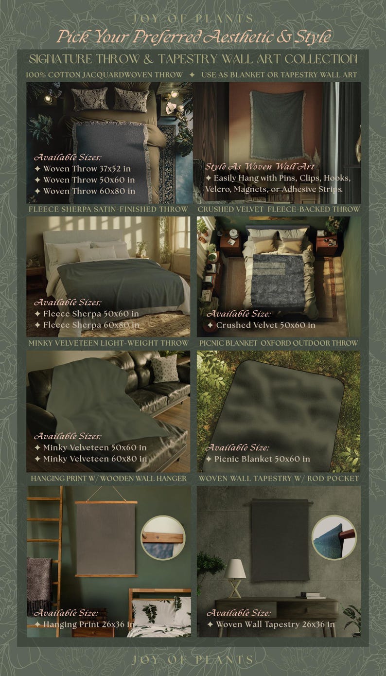 The image is a collage of six images showcasing various signature throw and tapestry wall art collections from Joy of Plants. The images feature different sizes and styles of throw and tapestry wall art, including woven throw and tapestry wall art, as well as hanging print and woven wall hangers.
