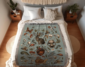 Victorian Gothic Woven Blanket | Dark Cottagecore Witchy Tapestry Woven | Goblincore Forest Mushroom Blanket Vintage | Mushroom Aesthetic |
