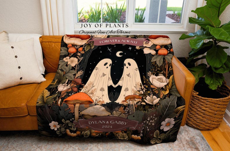Cottagecore Ghost Couple Woven Tapestry | Boho Wedding Anniversary Gift Personalized Mr & Mrs Custom Ghost Couple Witchy Throw Blanket Cute immagine 6