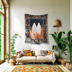 Spooky Cute Ghost Tapestry Whimsigothic Art Halloween Cute Ghost Blanket Woven Tapestry Fall Floral Gothic Decor Dark Cottagecore Wall Art