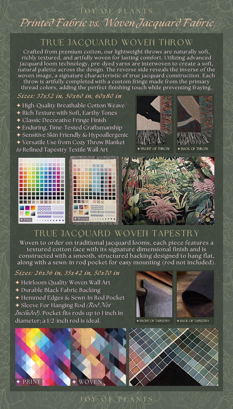 The image is a comparison between printed fabric and woven Jacquard fabric, featuring images of the fabrics in different colors and patterns.