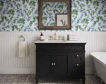 Soft Blue Wildflower Pattern Wallpaper | English Garden Pastel Bathroom Peel and Stick Accent Wall Vintage Inspired Botanical Cottage