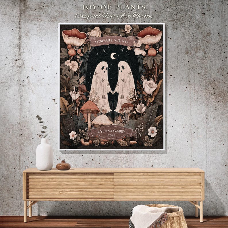 Cottagecore Ghost Couple Woven Tapestry | Boho Wedding Anniversary Gift Personalized Mr & Mrs Custom Ghost Couple Witchy Throw Blanket Cute immagine 9