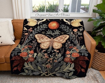 Moth Blanket Woven Tapestry Dark Cottagecore Decor Mystical | Dark Academia Moth Blanket Woven Tapestry Cottagecore Decor Butterfly Bedding