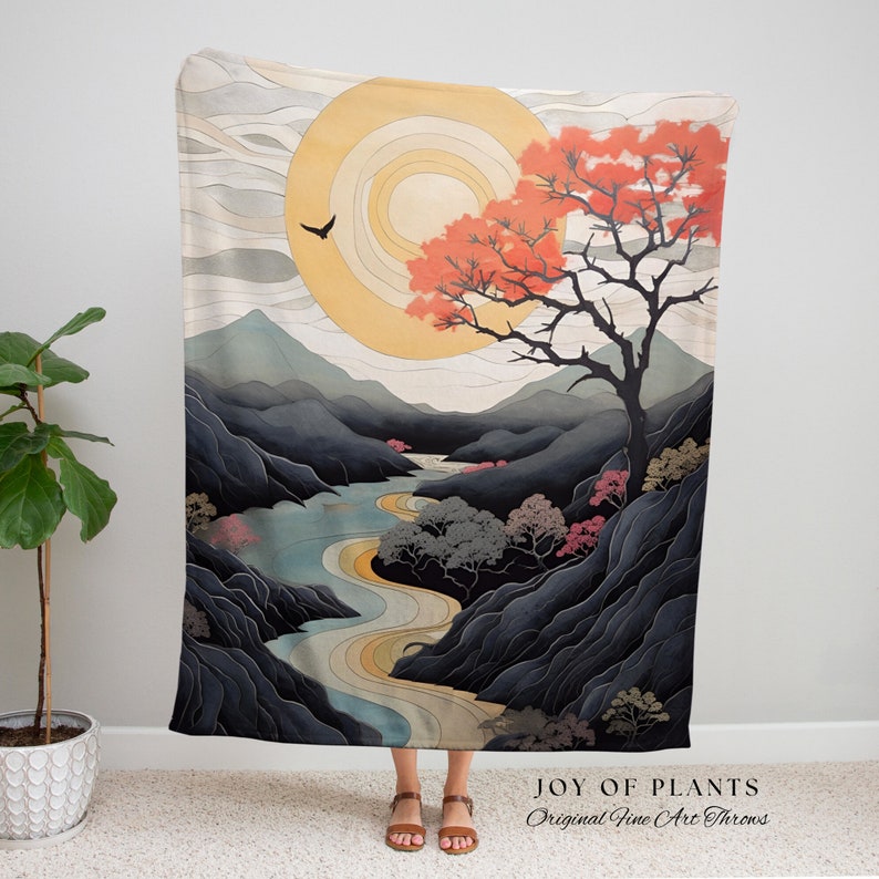 Japanese Landscape Mountain Sun Tapestry Woven Throw Blanket Tree Tapestry Art Woven Blanket with Nature Japanese Aesthetic Artful Blanket image 7