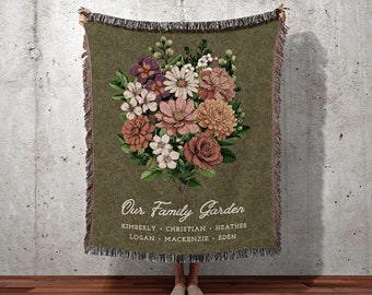 Grandmas Garden Custom Birth Flower Blanket Personalized Family Names Gift Mimi&#39;S Garden Birth Month Flower Custom Bouquet Blanket Woven