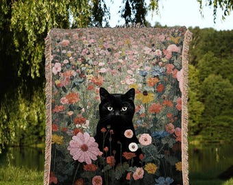 Wildflower Cat Blanket Vintage Wall Art Fall Decor Tapestry Woven Throw Blanket | Black Cat Woven Blanket Boho Halloween Cat Cottagecore |
