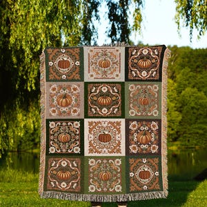 Retro Fall Pumpkin Blanket Woven Cozy | Autumn Colors Home Decor Whimsical Halloween Throw Blanket Book Nook Room Decor Fall Vibes Cute | image 7
