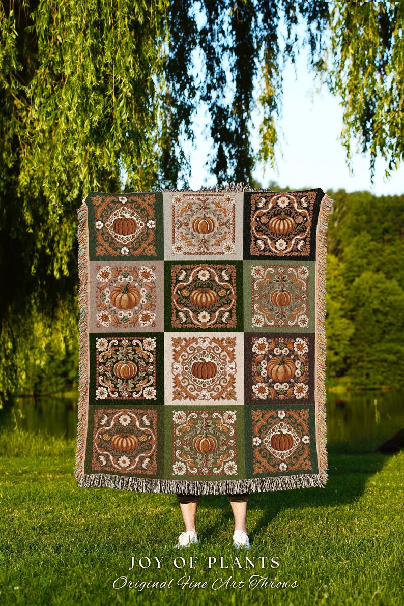 Retro Fall Pumpkin Blanket Woven Cozy | Autumn Colors Home Decor Whimsical Halloween Throw Blanket Book Nook Room Decor Fall Vibes Cute | image 7