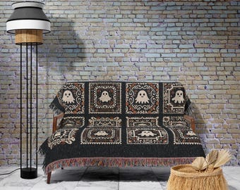Cozy Gothic Ghost Tapestry Blanket | Ghost Lover Housewarming Gift Whimsigothic Halloween Home Decor Spooky Season Blanket Book Nook Bedroom