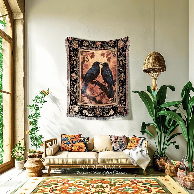 Raven Aesthetic Decor Gothic Tapestry Woven | Crow Wall Art Blanket Woven Wall Hanging | Woodland Aesthetic Halloween Gothic Crow Blanket | image 1