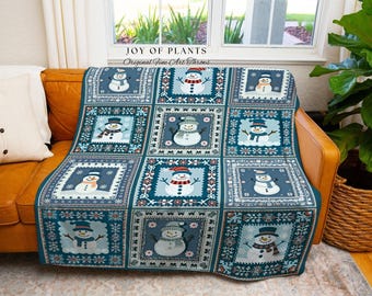 Vintage Nordic Snowman Blanket Rustic Winter Wonderland Decor | Scandinavian Patchwork Tapestry Throw Cozy Christmas Folk Art Cottagecore