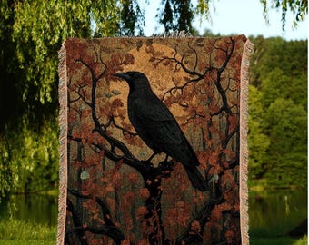 Gothic Fall Decor Crow Tapestry Woven | Raven Wall Art Blanket Woven Wall Hanging | Woodland Aesthetic Halloween Gothic Decor Crow Blanket |