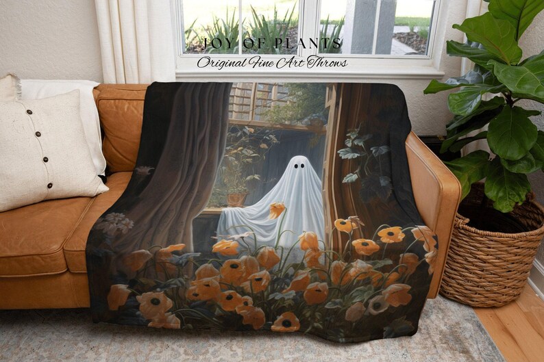 Among The Poppy Flowers Ghost Blanket | Woven Tapestry Blanket Macabre Wall Art Ghost Decor Spooky Tapestry Gift for Halloween Dark Floral | image 6
