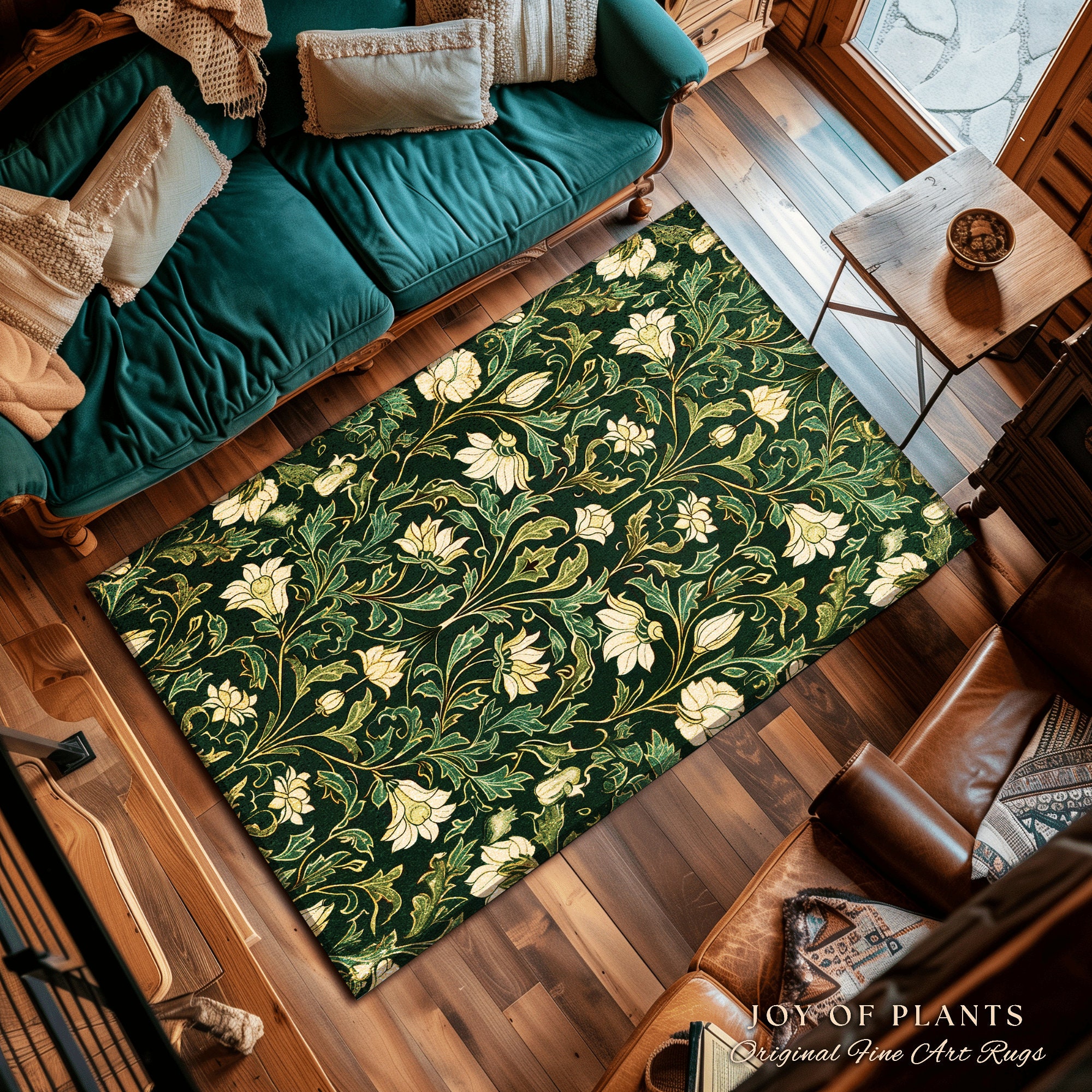 Victorian Gothic Floral Forest Green Rug Dark Botanical Art