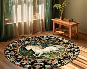 Fairytale Unicorn Rug | Botanical Bedroom Decor William Morris Inspired Cottagecore Room Light Academia Style Rug Mystical Folklore Decor