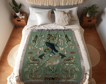Sage Green Goblincore Blanket Woven | Gothic Room Decor Bat Tapestry | Dark Academia Tapestry Woodland Gothic | Crowcore Tapestry Blanket |