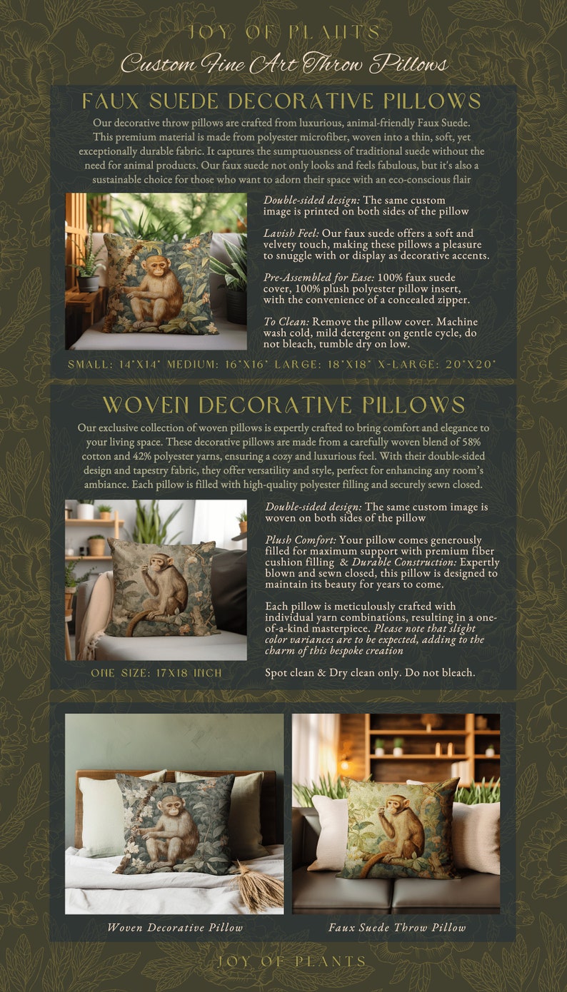 Pode incluir: Duas almofadas decorativas com um design de macaco. A almofada &agrave; esquerda &eacute; uma almofada decorativa tecida com um design de tape&ccedil;aria verde, marrom e bege. A almofada &agrave; direita &eacute; uma almofada de camur&ccedil;a sint&eacute;tica com um design verde, marrom e beige. Ambas as almofadas mostram um macaco sentado em um ambiente de selva.