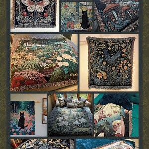 a collage of quilts and bedding with pictures of cats and flowers