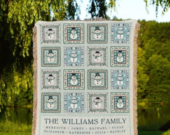 Nostalgic Snowman Family Blanket Personalized Holiday Tapestry Throw, Whimsical Winter Custom Names Cottagecore Christmas Gift for Families