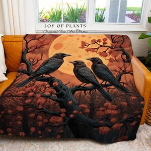 Moonlit Ravens Woven Throw Blanket Dark Woodland Gothic Tapestry | Enchanted Crowcore Whimsigoth Aesthetic Mystical Crow Fall Forestcore Art 画像 3