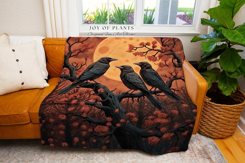 Moonlit Ravens Woven Throw Blanket Dark Woodland Gothic Tapestry | Enchanted Crowcore Whimsigoth Aesthetic Mystical Crow Fall Forestcore Art 画像 3