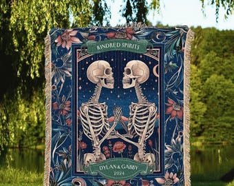 Midnight Blue Skeleton Blanket Cozy Gift | First Year Anniversary Blanket Gothic Tarot Lover Custom Gift for Girlfriend Personalized Couple