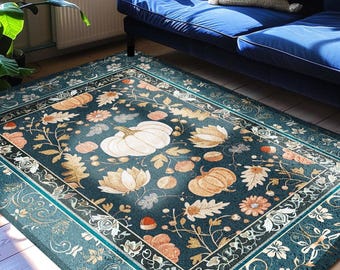 Floral Teal Art Nouveau Pumpkin Rug Rustic Botanical Decor | Whimsical Pumpkin Rug Boho Eclectic Unique Coquette Decor Cozy Fall Fairycore