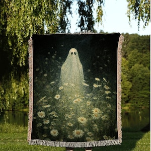 Macabre Art Floral Ghost Blanket Woven Throw | Macabre Wall Art Plant Lover Decor Spooky Ghost Tapestry Gift for Goth Dark Cottagecore Decor