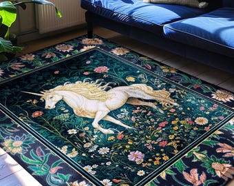 Storybook Elegance Magical Accent Rug | Unicorn Area Rug Dark Fairytale Gothic Maximalist Colorful Whimsical Victorian Fairycore Area Rug |
