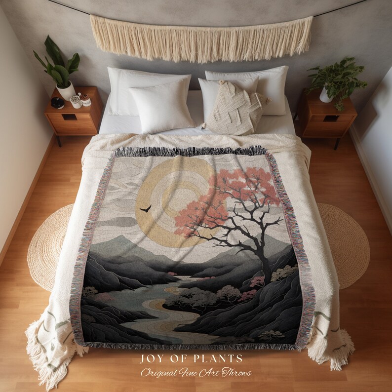 Japanese Landscape Mountain Sun Tapestry Woven Throw Blanket Tree Tapestry Art Woven Blanket with Nature Japanese Aesthetic Artful Blanket image 3