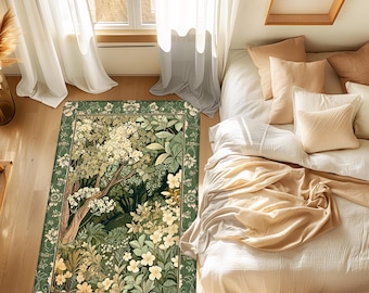 Soft Aesthetics Folklore Area Rug | Fairy Inspired Bedroom Cozy Cottagecore Room Decor Ethereal Nature Aesthetic Sage Green Indie Accent Rug