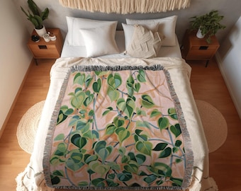 Baby Pink Botanical Throw Blanket | Nature Inspired Blanket Woven Tapestry Botanical Fairy Grunge Room Decor Boho Plant Blanket Cottagecore