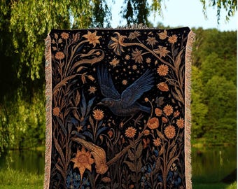 Dark Cottagecore Crow Tapestry Woven | Raven Wall Art Blanket Woven Wall Hanging | Woodland Aesthetic Halloween Gothic Decor Crow Blanket |