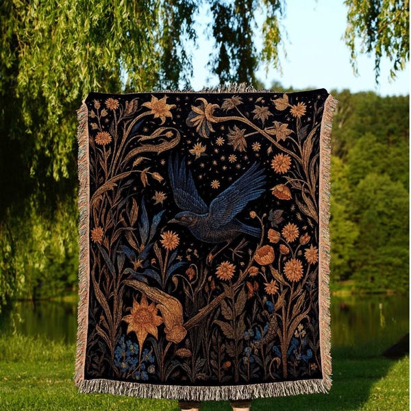 Dark Cottagecore Crow Tapestry Woven | Raven Wall Art Blanket Woven Wall Hanging | Woodland Aesthetic Halloween Gothic Decor Crow Blanket |