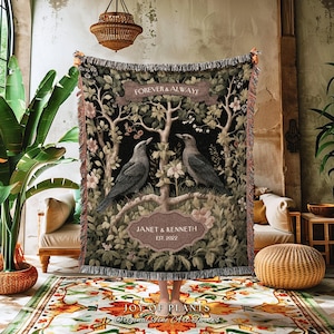 Woodland Gothic Crow Couple Blanket | Crowcore Aesthetic Woven Throw Personalized Dating Anniversary Raven Gift for Goths Custom Cottagecore