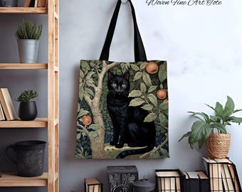 Dark Cottagecore Black Cat Gothic Tote Botanical Dark Academia William Morris Aesthetic Art Tote Bag Cat Lover Tapestry Bag Gift for Cat Mom