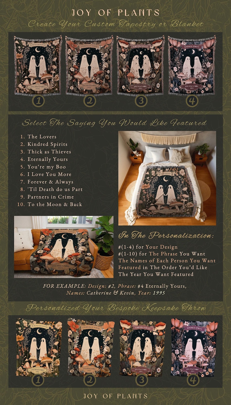 Cottagecore Ghost Couple Woven Tapestry | Boho Wedding Anniversary Gift Personalized Mr & Mrs Custom Ghost Couple Witchy Throw Blanket Cute immagine 2