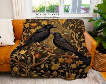 Golden Gothic Raven Tapestry Blanket Dark Cottagecore Decor | Witchy Cottage Aesthetic Woven Throw Vintage Botanical Rustic Farmhouse Style