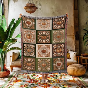 Retro Fall Pumpkin Blanket Woven Cozy | Autumn Colors Home Decor Whimsical Halloween Throw Blanket Book Nook Room Decor Fall Vibes Cute | image 1