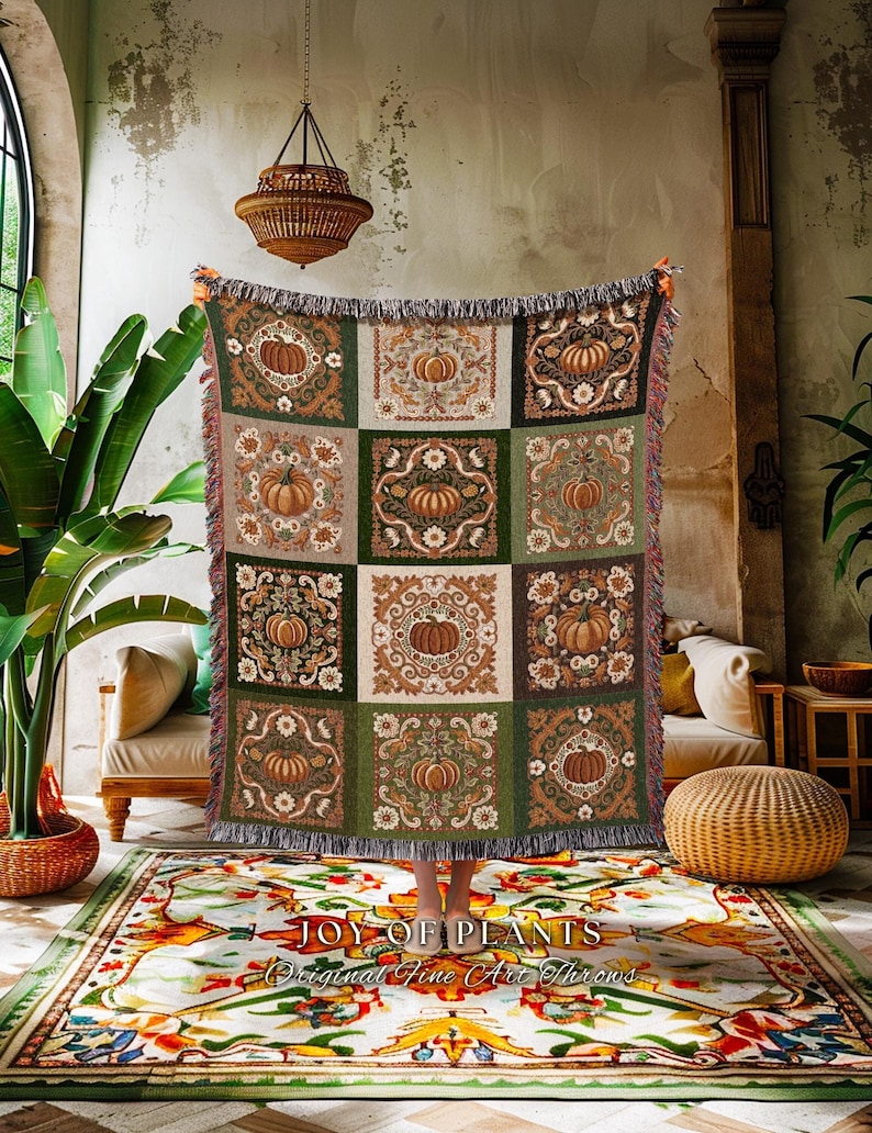 Retro Fall Pumpkin Blanket Woven Cozy | Autumn Colors Home Decor Whimsical Halloween Throw Blanket Book Nook Room Decor Fall Vibes Cute | image 1
