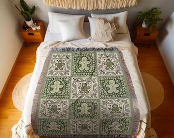 Scandinavian Gingerbread Throw Cozy Holiday Decor Nordic Style Christmas | Rustic Olive Green Folk Art Tapestry Blanket Festive Cottage Chic