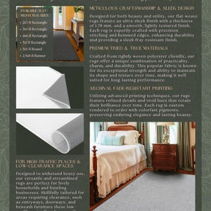 The image is a collage of three images showcasing fine art ultra flat-weave rugs. The first image features a bedroom with a bed and nightstand, the second image displays a living room with a couch and coffee table, and the third image shows a dining area with a table and chairs. The rugs are designed to enhance the style and function of these spaces, and they are made from premium materials and printed with a high-quality finish.